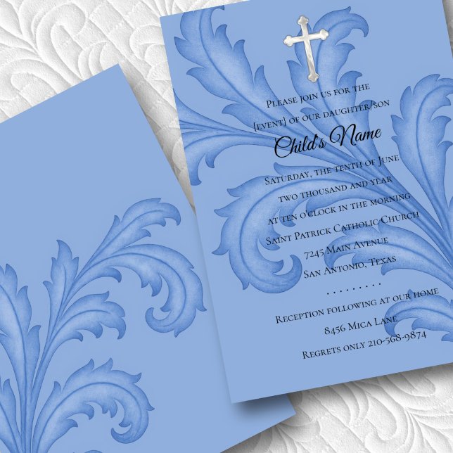 Baptism Confirmation 1st Communion Blue Acanthus Invitation (Creator Uploaded)
