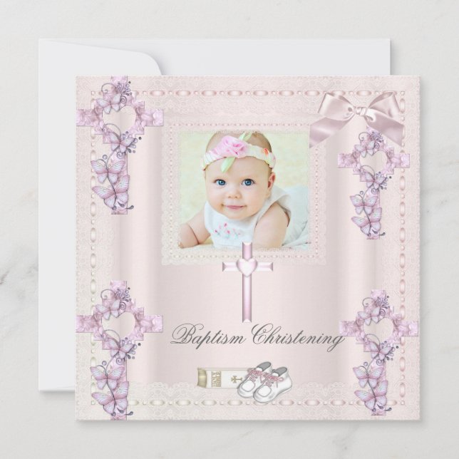 Baptism Cream Pink Cross Girl Photo christening Invitation (Front)