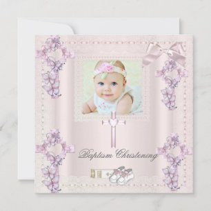 Baptism Cream Pink Cross Girl Photo christening Invitation