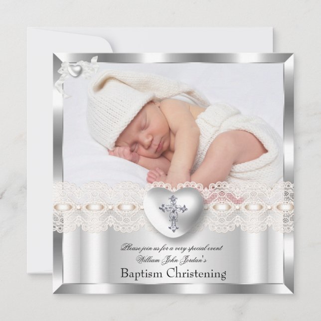 Baptism Cream Silver Photo Heart Cross Boy Girl 2 Invitation (Front)