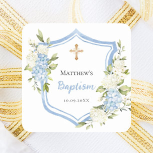 Baptism crest blue flowers boy square sticker