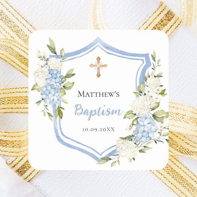 Baptism crest blue flowers boy square sticker (Creator Uploaded)