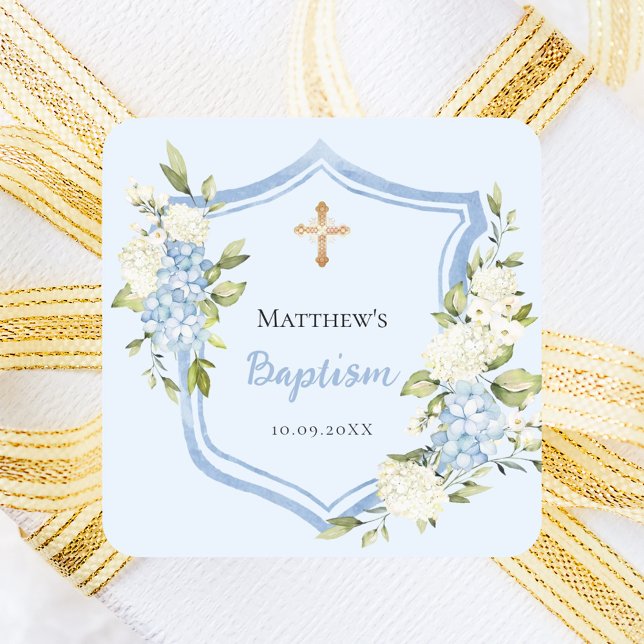 Baptism crest blue flowers boy square sticker (Creator Uploaded)