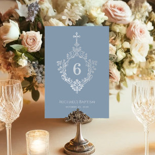 Baptism Crest Dusty Blue Faux Silver Vintage Cross Table Number