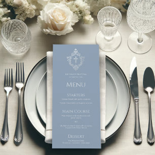 Baptism Crest Dusty Blue Vintage Faux Silver Cross Menu