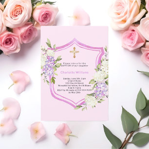 Baptism crest pink flowers girl invitation