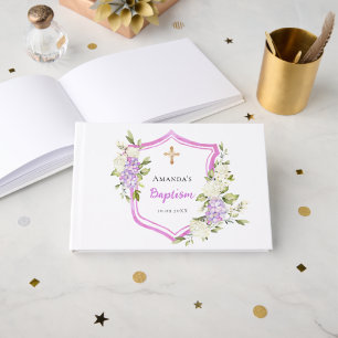 Baptism crest pink purple flowers girl guest book