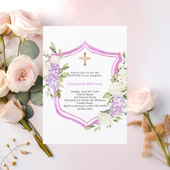 Baptism crest pink purple flowers girl invitation (Creator Uploaded)