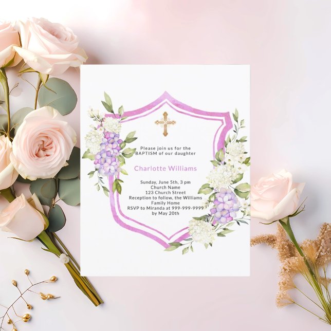 Baptism crest pink purple flowers girl invitation (Creator Uploaded)