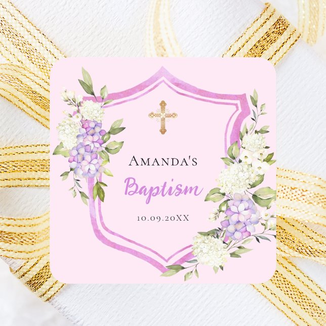 Baptism crest pink purple flowers girl square sticker (Creator Uploaded)