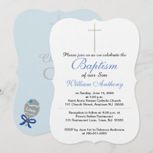 Baptism Cross Blue Grey Baby Rattle  Invitation
