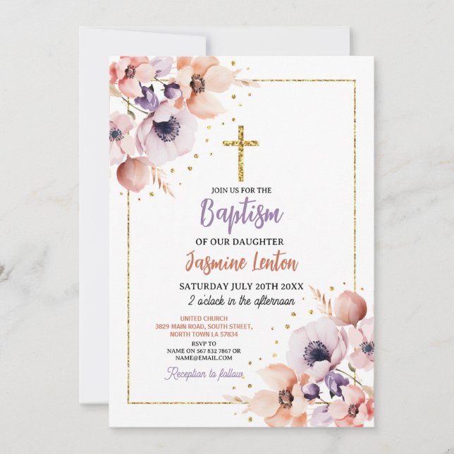 Baptism Cross Christening Flowers Purple Gold Invitation (Front)