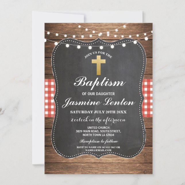 Baptism Cross Christening Red Check Gingham Chalk Invitation (Front)