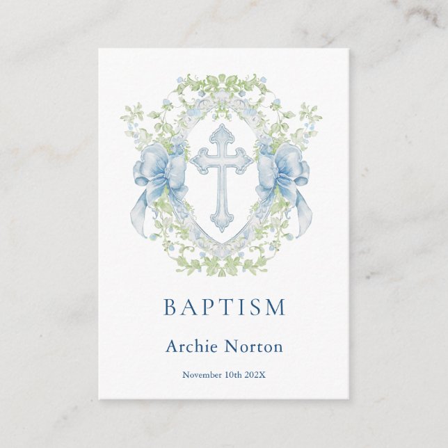 Baptism Cross Crest Greenery Baby Boy  Enclosure Card (Front)