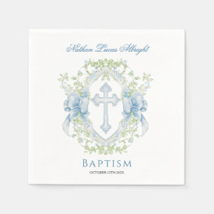 Baptism Cross Crest Greenery Baby Boy Napkin