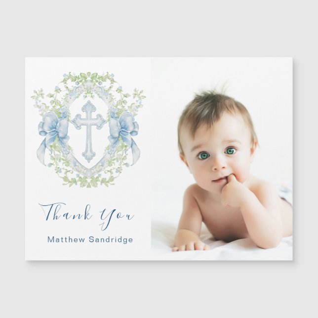 Baptism Cross Crest Greenery Baby Boy photo magnet (Front)