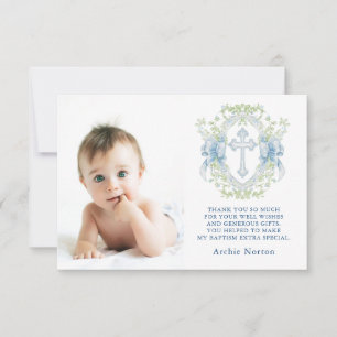 Baptism Cross Crest Greenery Baby Boy Photo Thank You Card