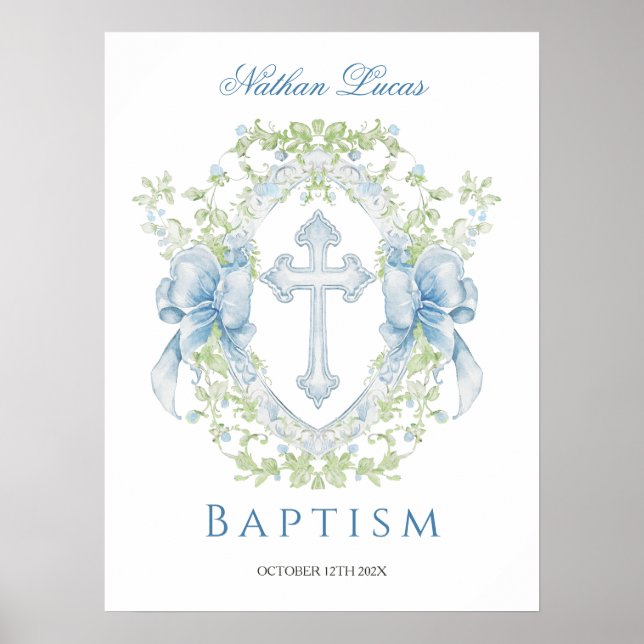 Baptism Cross Crest Greenery Baby Boy  Poster (Front)