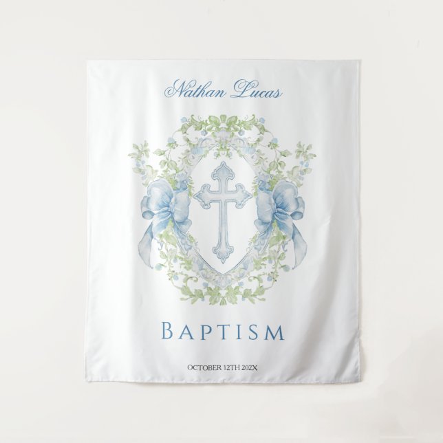 Baptism Cross Crest Greenery Baby Boy  Tapestry (Front)