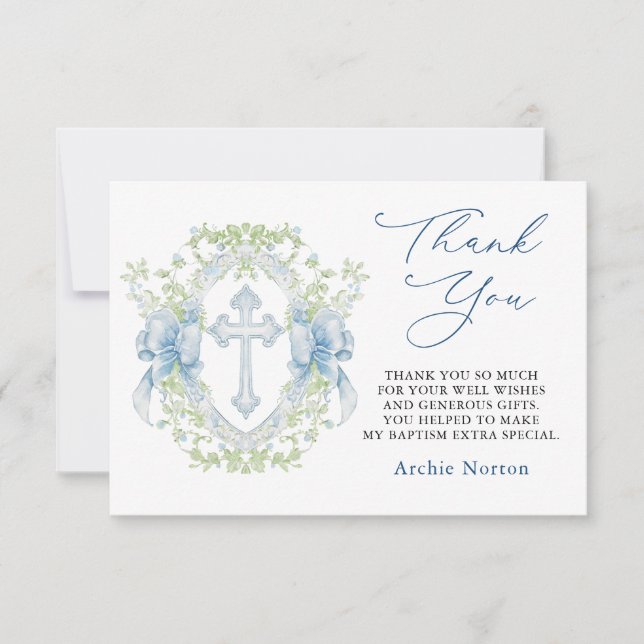 Baptism Cross Crest Greenery Baby Boy Thank You Card (Front)
