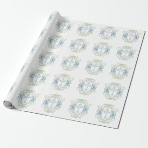 Baptism Cross Crest Greenery Baby Boy Wrapping Paper