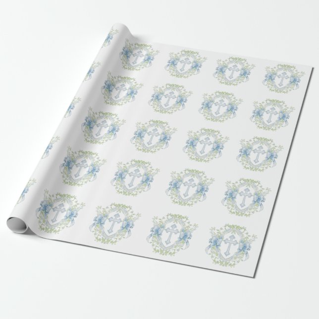 Baptism Cross Crest Greenery Baby Boy Wrapping Paper (Unrolled)