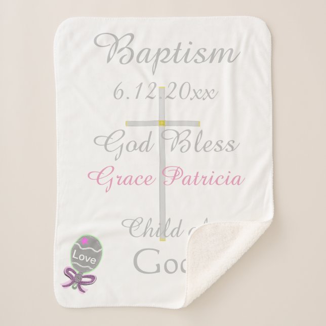 Baptism Cross Girl Pink Rattle Medium Sherpa Blanket (Front)