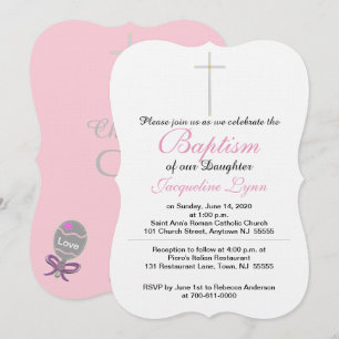 Baptism Cross Pink Baby Rattle Daughter Invitation