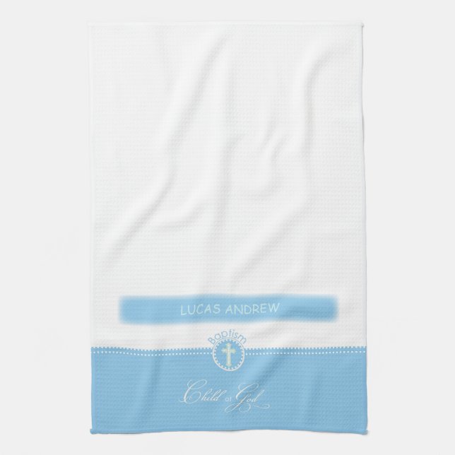 Baptism, Custom Name, Blue Child of God Tea Towel (Vertical)
