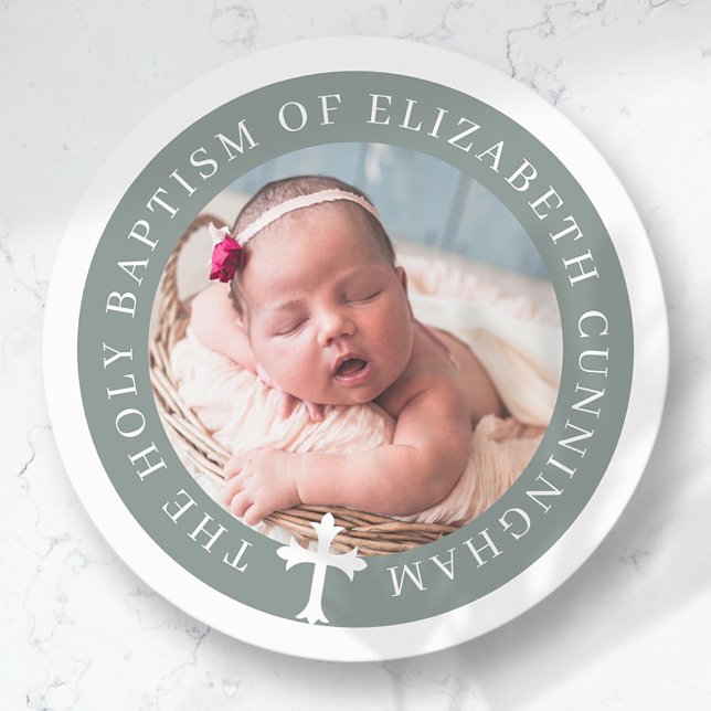 Baptism | Custom Photo and Cross Classic Round Sticker (Creator Uploaded)