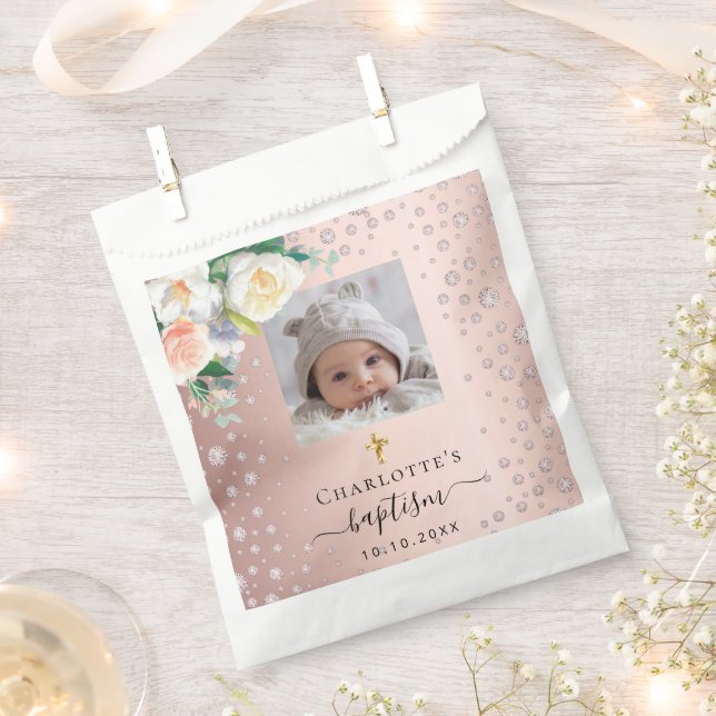 Baptism custom photo rose gold girl florals favour bags (Clipped)