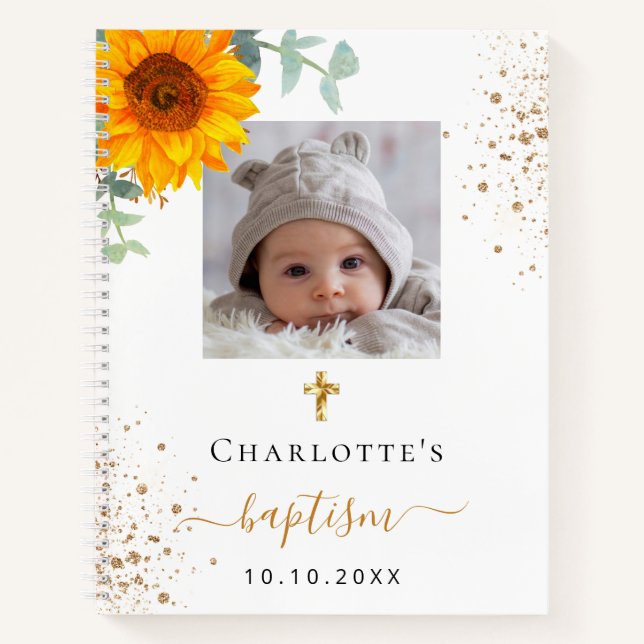 Baptism custom photo rustic sunflower guest book (Front)
