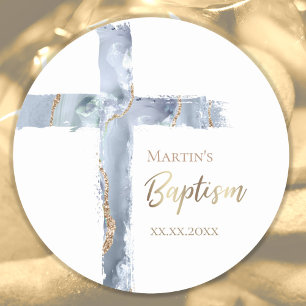 Baptism dusty blue agate Holy Cross Classic Round Sticker