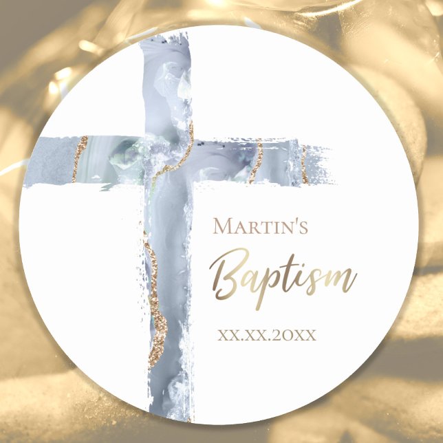 Baptism dusty blue agate Holy Cross Classic Round Sticker (Creator Uploaded)