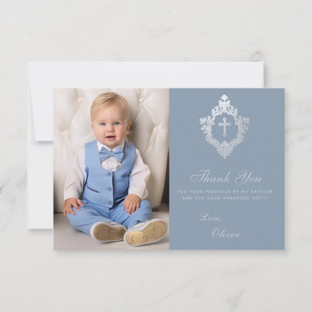 Baptism Dusty Blue Crest Cross Elegant Boy Photo Thank You Card (Front)