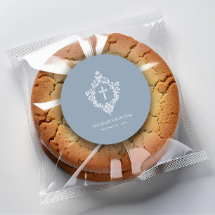 Baptism Dusty Blue Elegant Boy White Cross Crest  Classic Round Sticker