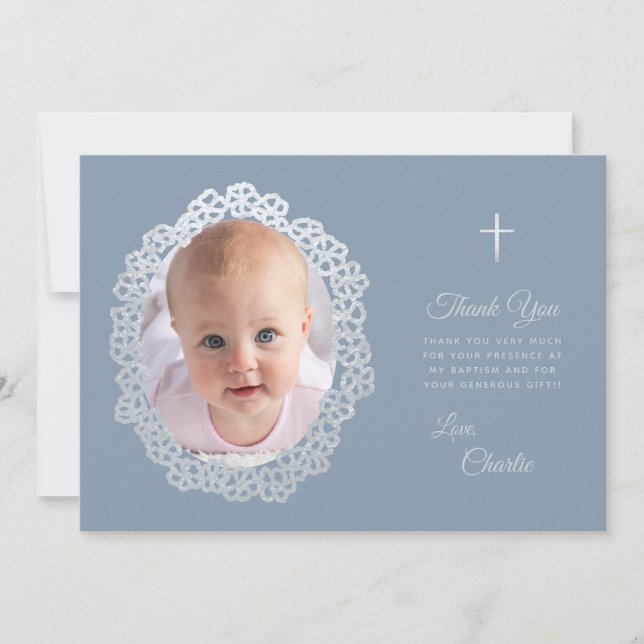Baptism Dusty Blue Photo Floral Wreath Faux Silver Thank You Card (Front)