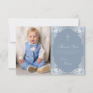 Baptism Dusty Blue Vintage Elegant Boy Photo Thank You Card