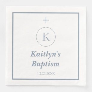 Baptism Dusty Blue White Monogram Initials Elegant Napkin