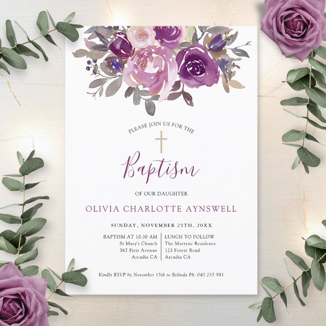  Baptism Dusty Mauve Purple Botanical Christening Invitation (Creator Uploaded)