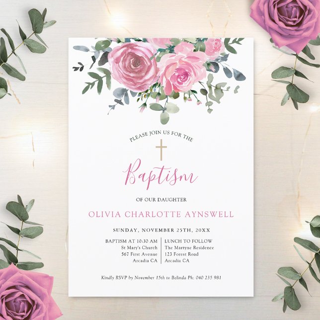  Baptism Dusty Pink Rose Eucalyptus Christening Invitation (Creator Uploaded)