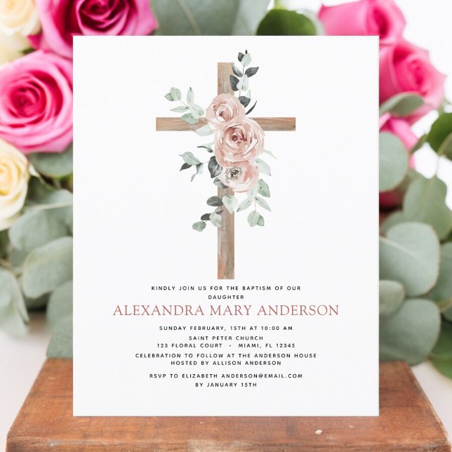 Baptism Dusty Pink Rose Eucalyptus Invitation (Creator Uploaded)