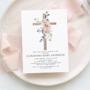 Baptism Dusty Pink Rose Greenery Eucalyptus Invitation