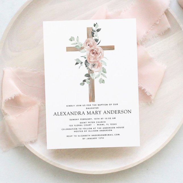Baptism Dusty Pink Rose Greenery Eucalyptus Invitation (Creator Uploaded)