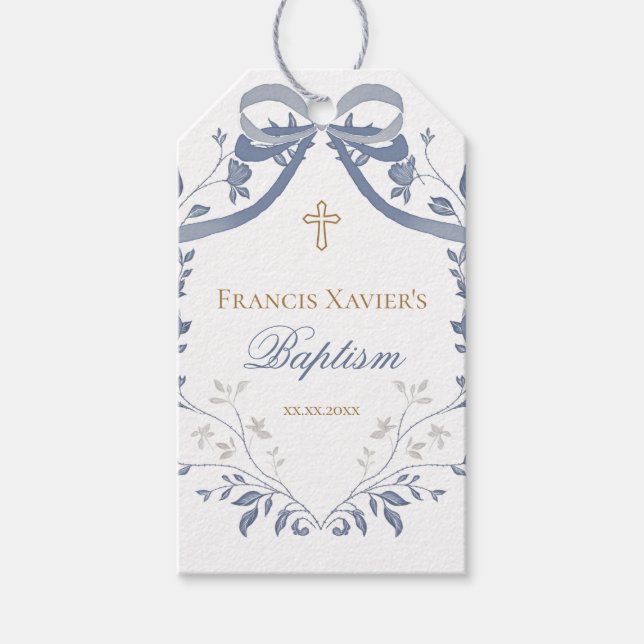 Baptism elegant blue bow gift tags (Front)