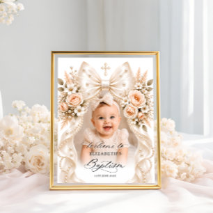 Baptism Elegant Floral Bow and Pearl Photo Welcome Poster