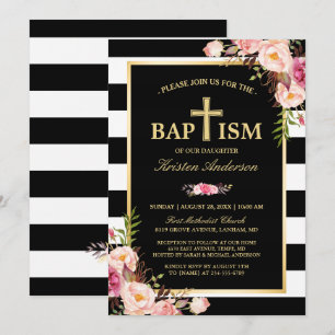 Baptism - Elegant Floral Gold Black White Stripes Invitation