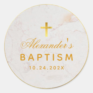 Baptism Elegant Script Faux Gold Foil Cross Marble Classic Round Sticker