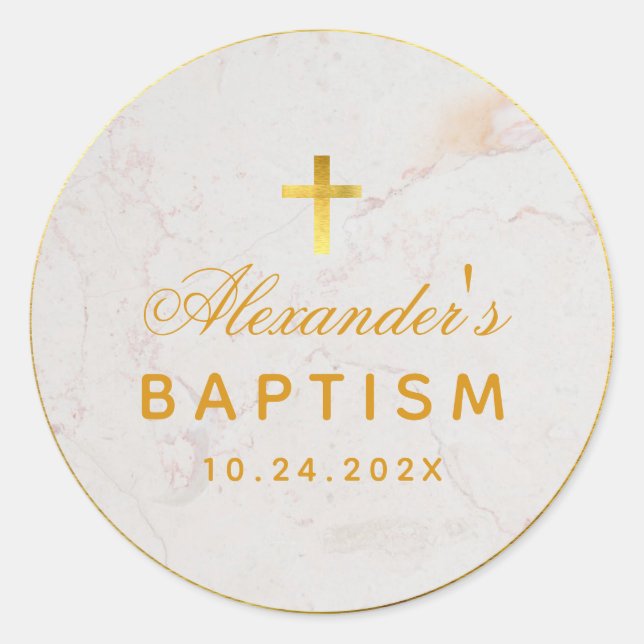 Baptism Elegant Script Faux Gold Foil Cross Marble Classic Round Sticker (Front)