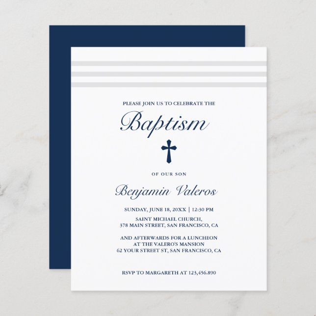 BAPTISM Elegant Striped grey navy Cross Budget (Front/Back)